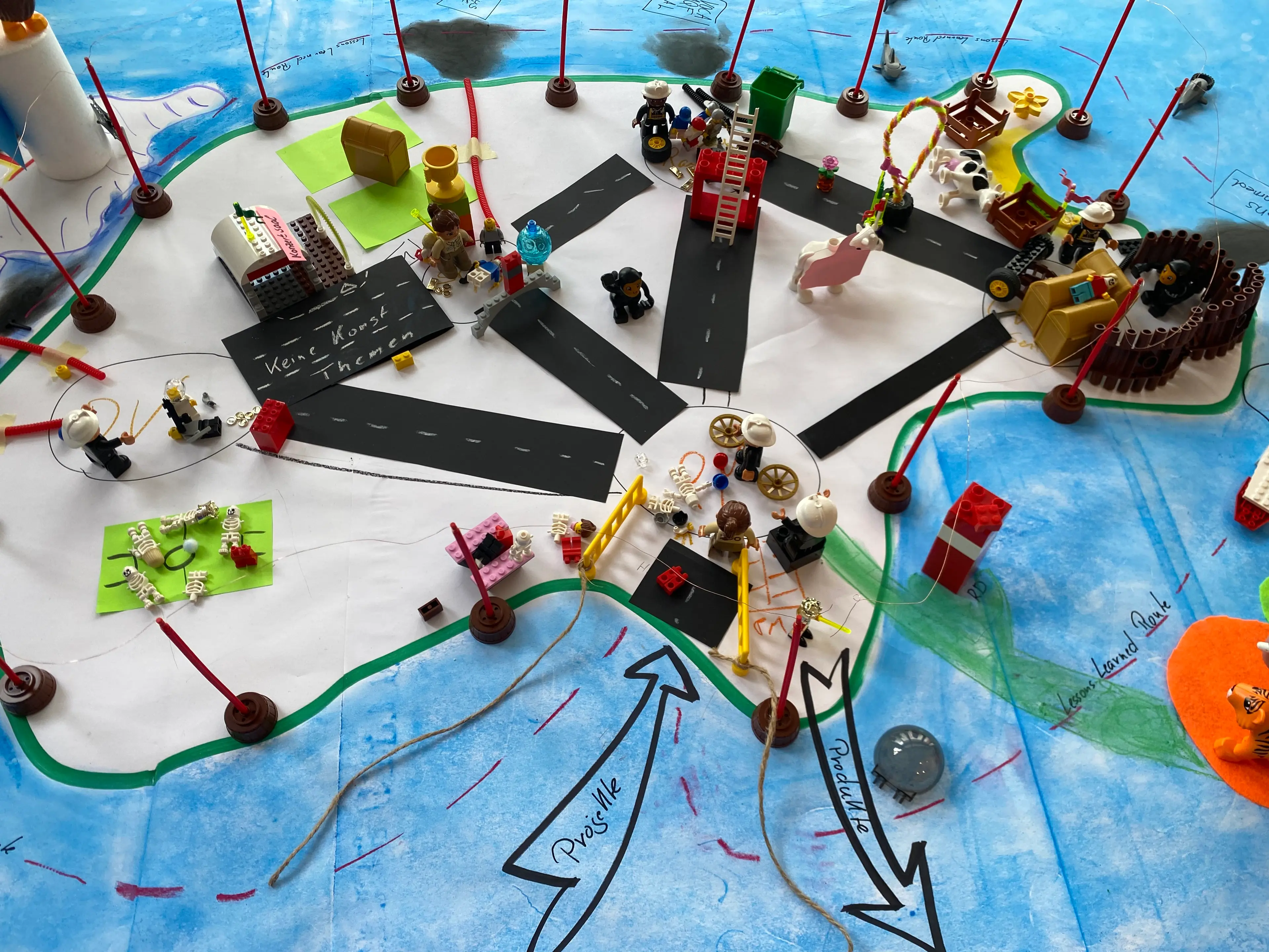 Eine bemalte Karte, auf der Wasser, Land, Straßen eingezeichnet und die mit Teilen aus Klemmbausteinen und Spielfiguren bestückt ist.